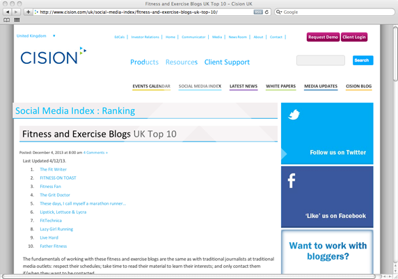 Cision Fitness and Exercise Blogs UK Top 10